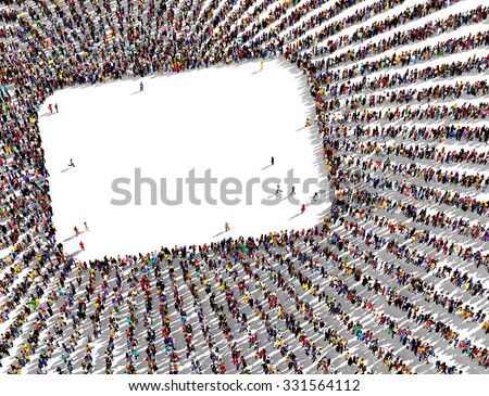 Large and diverse group of people gathered together in the shape of radial lines framing a round rectangle shape