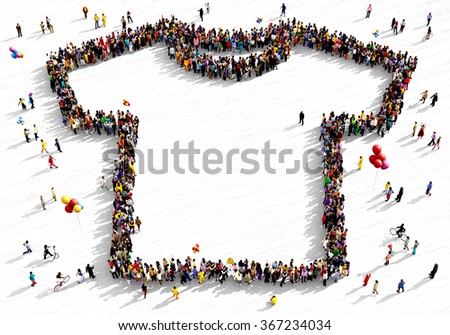 Large and diverse group of people seen from above gathered together in the shape of a t-shirt