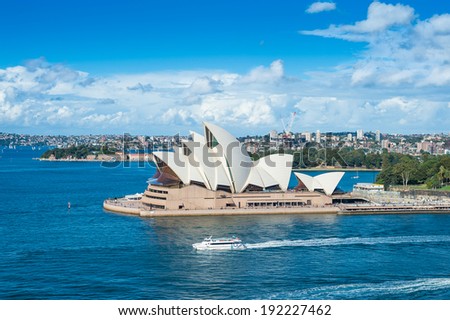 SYDNEY - MAY 11, 2014: Sydney Opera House, Sydney, Australia. The Sydney Opera House is a famous arts centre. It was designed by Danish architect Jorn Utzon, finally opening in 1973