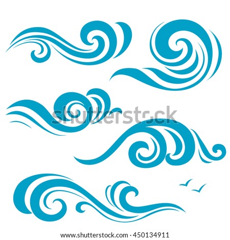 Set of decorative blue wave silhouettes. Vector ornamental sea, ocean, surf icons
