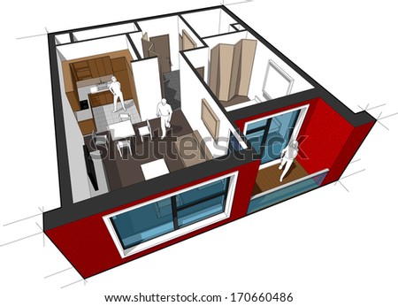 Perspective cut-away diagram of a 1-bedroom apartment, completely furnished