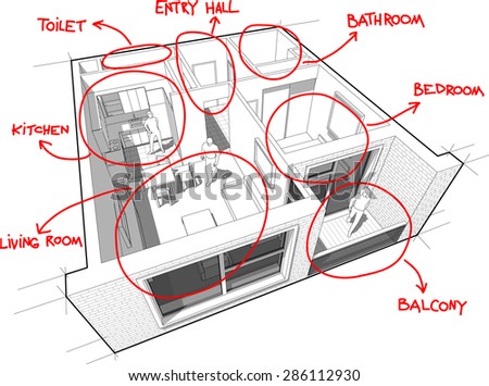 Perspective cut-away diagram of a  one bedroom apartment completely furnished with red hand drawn room definitions over it