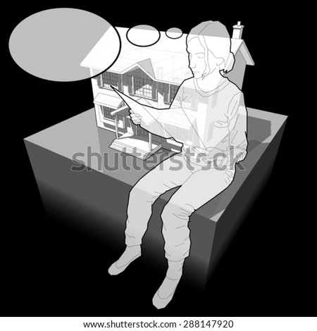 diagram of a classic colonial house and sitting woman reading paper in front of it with comic thought bubble