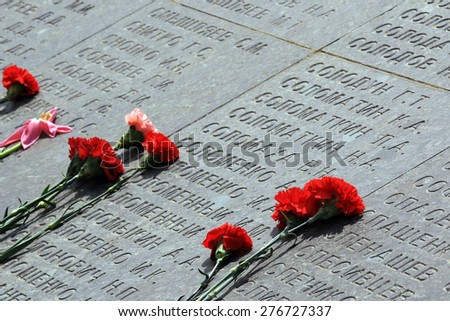 carnations on the memorial plaque fallen soldiers in World War II