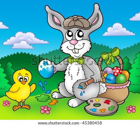 easter bunny pictures to color. stock photo : Easter bunny artist and chicken - color illustration.