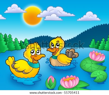 stock photo : Two ducks and water lillies - color illustration.