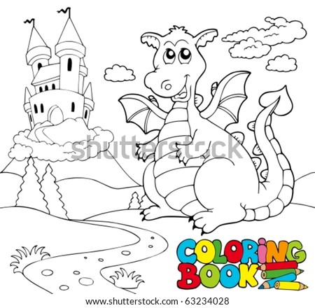 stock vector Coloring book with big dragon 2 vector illustration