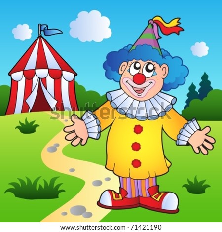 Cartoon Clown With Circus Tent - Vector Illustration. - 71421190