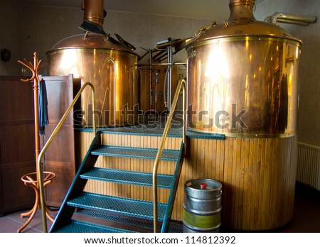 Line Of Two Traditional Brewing Vessels In Brewery.