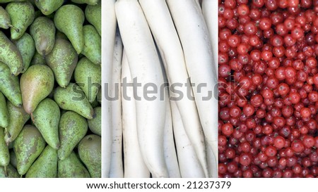 pears,radish,red currant forming the italian flag as a symbol for a country standing for good and fresh food