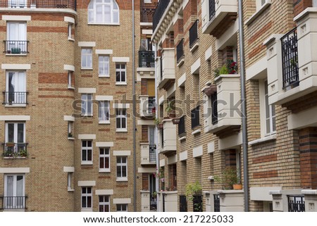 Facade of a modern apartment building in Paris, France