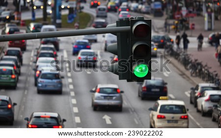 Green traffic light, big city traffic