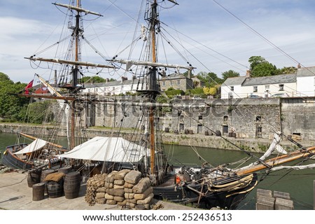 Old sailing vessel in the harbor of Charlestown, Cornwall