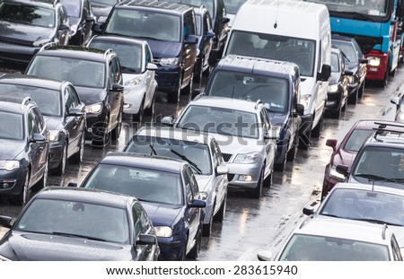 Cars cueing in city traffic in Hamburg, Germany