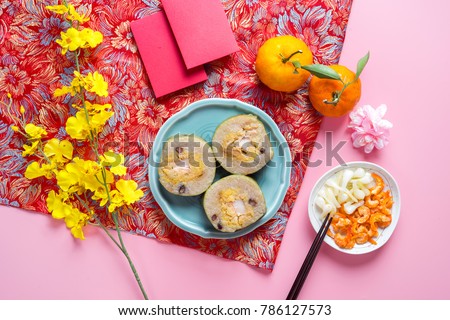Amazing of Vietnamese food for Tet holiday in spring, it is traditional food on lunar new year: Cylindric glutinous rice cake, pickled small leeks, dried shrimp