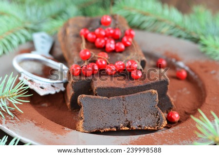 Chocolate gluten free cake, selective focus vertical