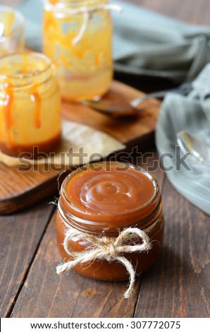 Homemade Caramel Sauce; Salted Caramel, selective focus, vertical