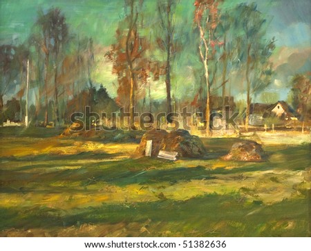 spring landscape with a stack of hay, painting on canvas