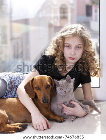 Curly Haired Dog Breeds. stock photo : girl with curly