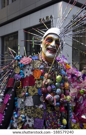 NEW YORK, NEW YORK Ã¢Â?Â? APRIL 2014: A man posing for pictures at the Easter Bonnet Parade on 5th Avenue.