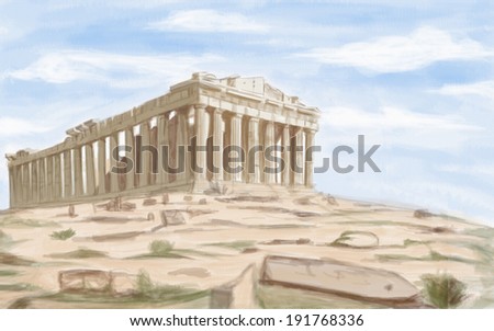 painting style illustration of Athens Parthenon ancient Temple