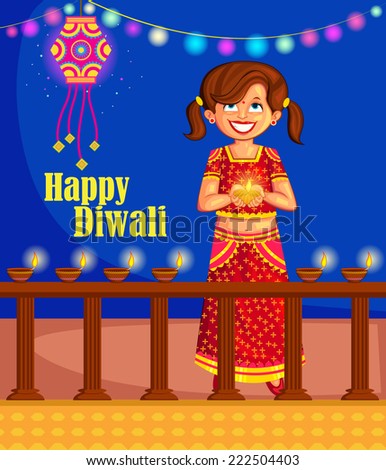 Girl with diya celebrating Diwali in vector Girl with diya celebrating Diwali in vector