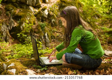 Pretty Little Girl Using Laptop Nature