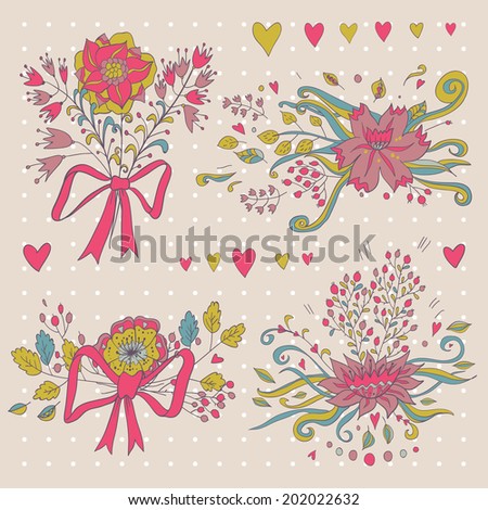 Hand drawn flower bouquet set. Retro flowers in vector. Cute floral bouquets. Save the date design collection.