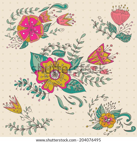 Hand drawn flower bouquet set. Retro flowers in vector. Pastel background with polka dots. Cute floral bouquets. Save the date, design collection.