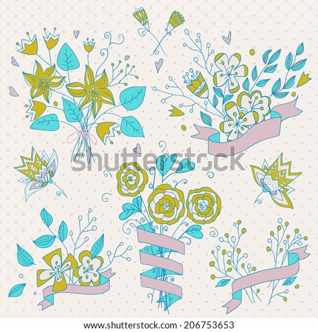 Hand drawn flower bouquet set. Retro flowers. Cute floral bouquets. Save the date design collection.Can be used as creating card, invitation card for wedding, birthday and other holiday.