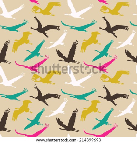 Seamless pattern of flying birds. Pastel background. Vector endless texture. Retro colors.