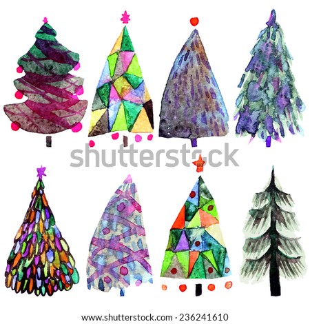 Watercolor Christmas tree set  isolated on a white background. Design holiday Christmas trees for wrapping paper, scrap booking