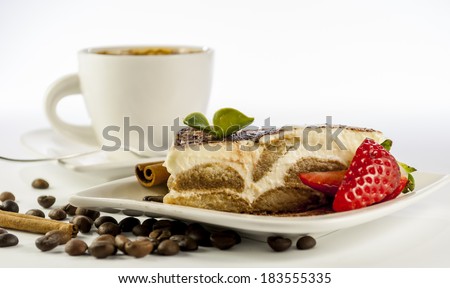 italian desert tiramisu with coffe and strawberry on white background