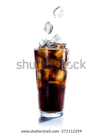 Cola drink splash with ice cube on white background