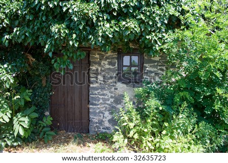 Romantic basalt stone house detail with window and door surrounded by evergreens.