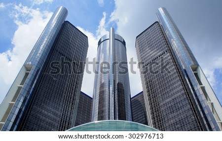 DETROIT, MICHIGAN - JULY 19, 2015: The General Motors Renaissance Center in Detroit Michigan Midday