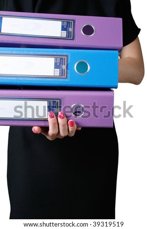 Female figure with stack of files isolated with clipping path over white