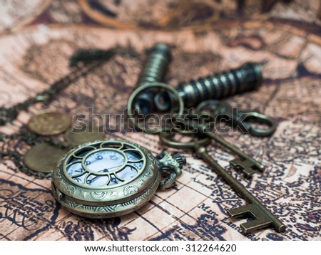 Classic Grunge Pocket Watch Clock, Skeleton Keys On Ancient World Map.