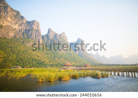 Wooden Bridge in lotus lake name Bung Bua at khao sam roi yod national park, thailand