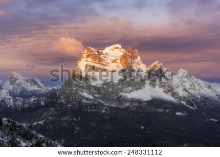 Mount Pelmo during sunrise in winter