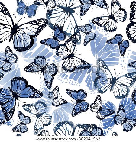 seamless beautiful watercolor artistic gentle blue butterflies pattern. romantic, pastel background print. tropical flying creatures.