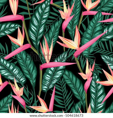 vector seamless tropical bird of paradise plant pattern with leaves, exotic flower blooming in summer. modern graphical floral background allover print. all elements are separate and editable.