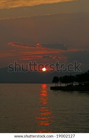 Lake of Garda, Sunset near Bardolino with view of the west side, Northern Italy
