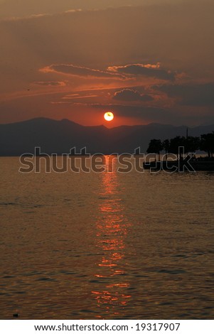 Lake of Garda, Sunset near Bardolino with view of the west side, Northern Italy