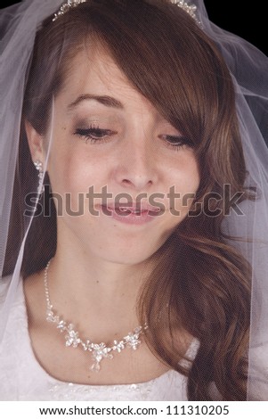 A close up of a brides face with her veil over it with a small smile on her face.