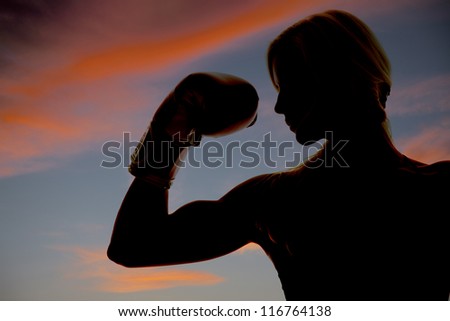A woman boxer is silhouetted in the colorful sky showing one arm.