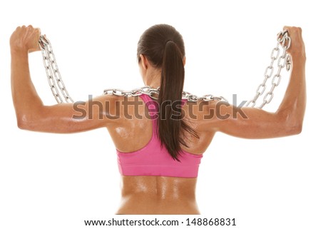 The back of a woman with sweat all over her body, working out with a chain