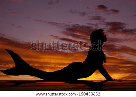 A silhouette of a mermaid in the sunset.