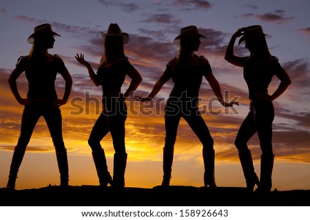 A silhouette of a cowgirl in many poses with a beautiful sky behind her.