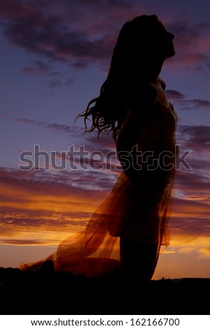 A silhouette of a woman in a dress kneeling down.